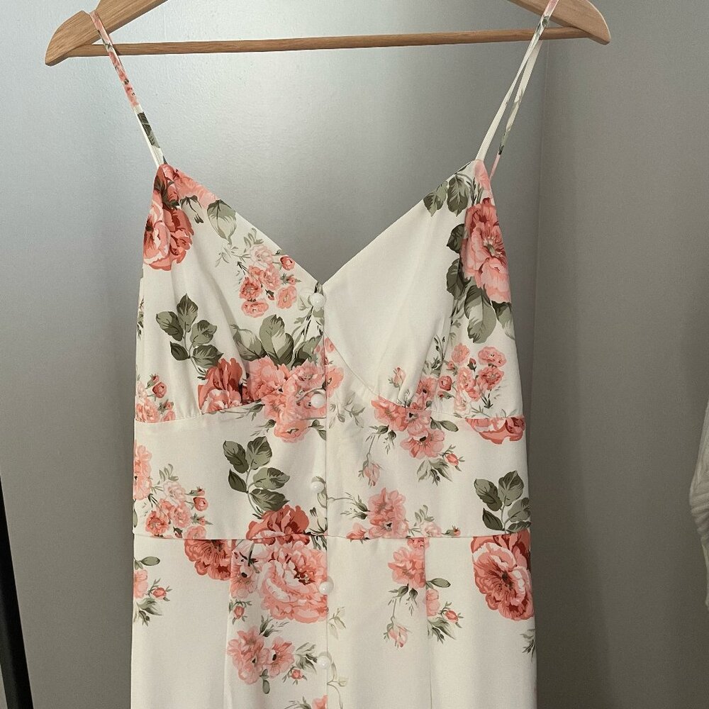 White floral maxi dress with pearl buttons